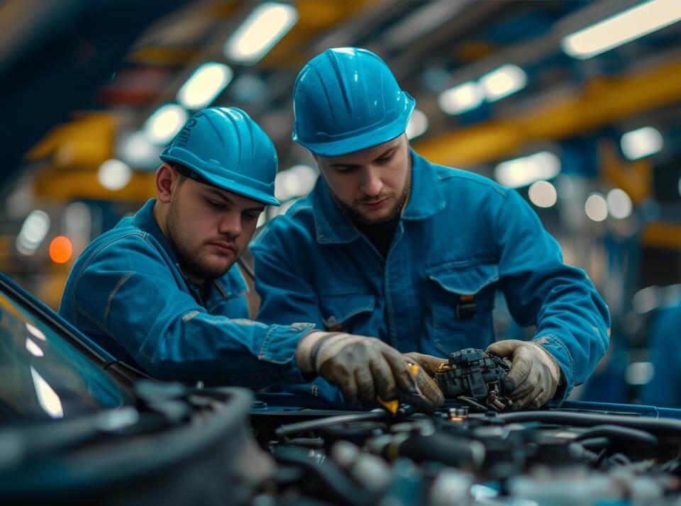 Two people working on a laptop computer in a factory.