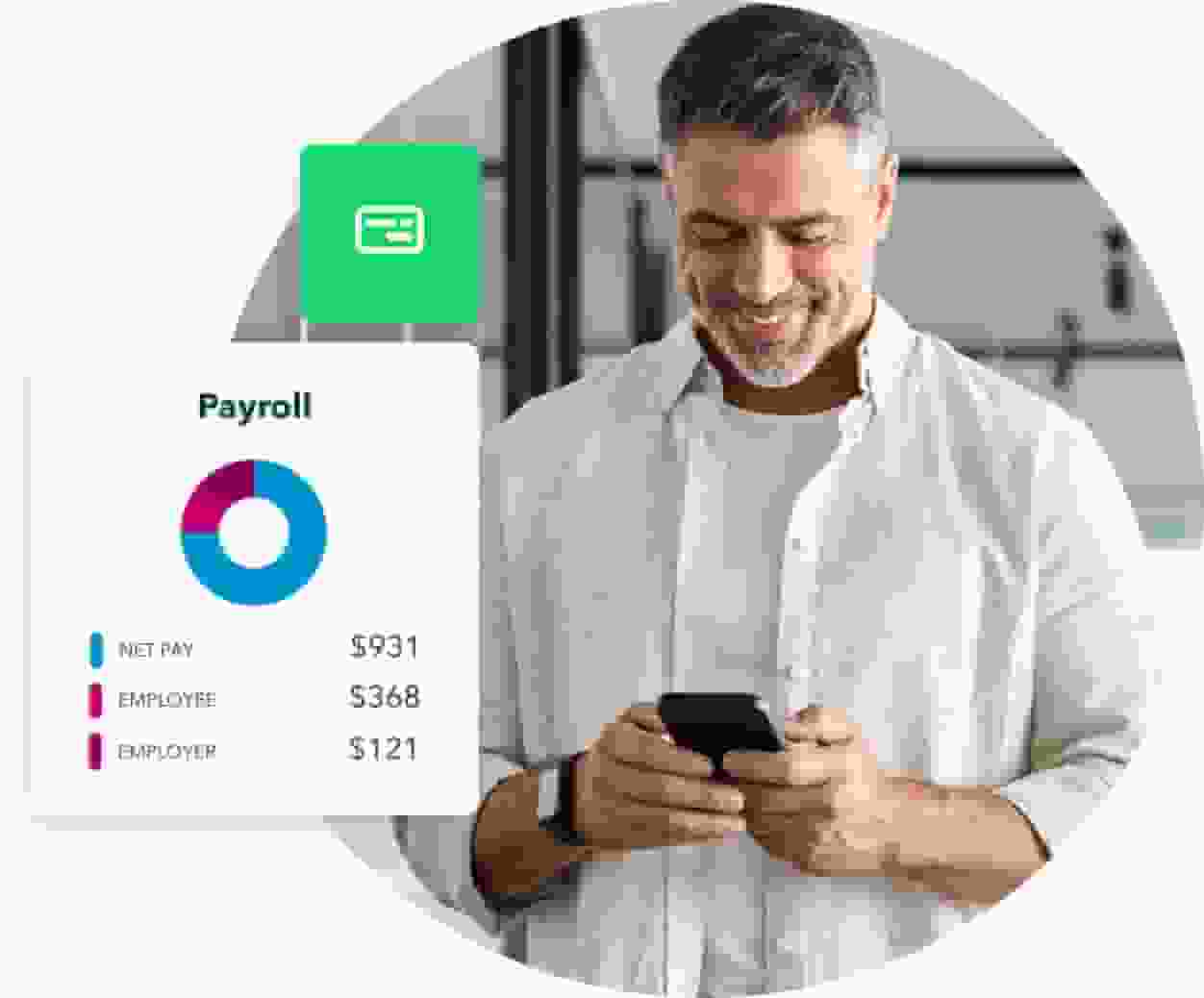 A man using his mobile phone with a preview of the QuickBooks Payroll widget displaying data on a pie chart