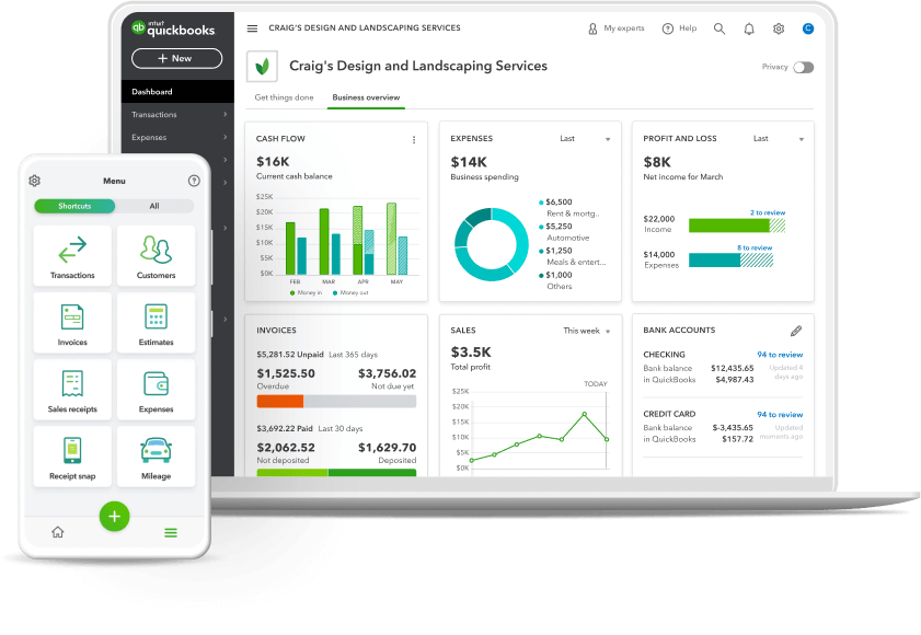QuickBooks Accounting Software dashboard displayed on laptop and phone