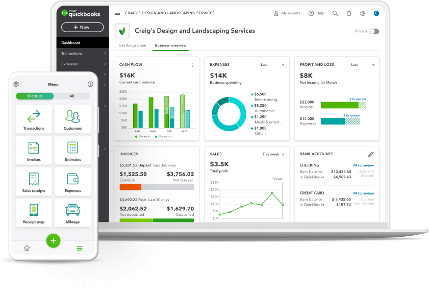 Preview of QuickBooks accounting software dashboard on a laptop and smartphone