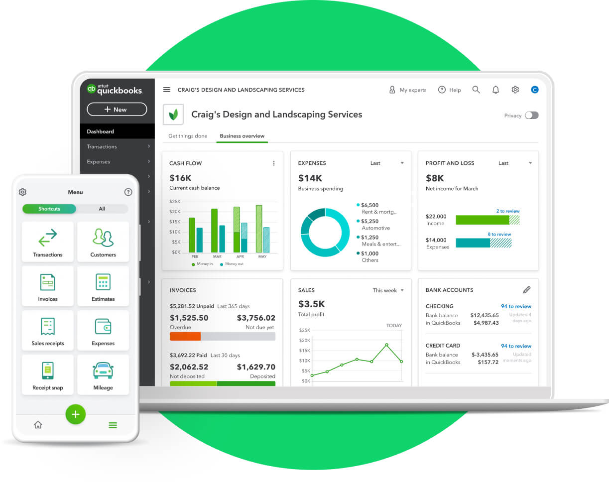 QuickBooks accounting software dashboard preview on a laptop and smartphone