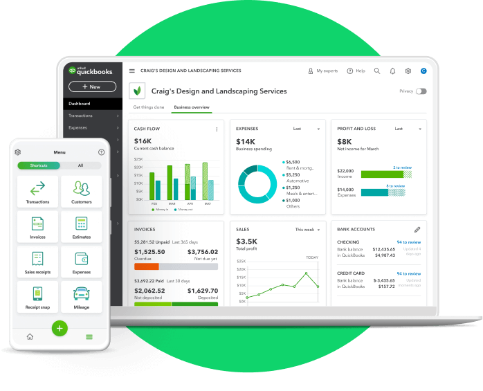 QuickBooks accounting software dashboard preview on a laptop and smartphone