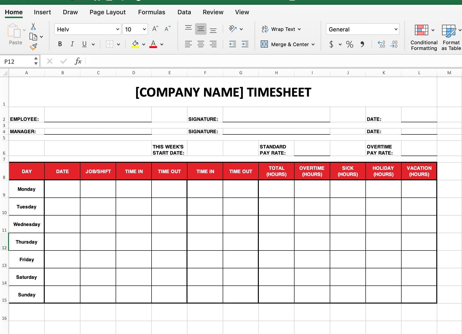 Employee Timesheet Excel Template