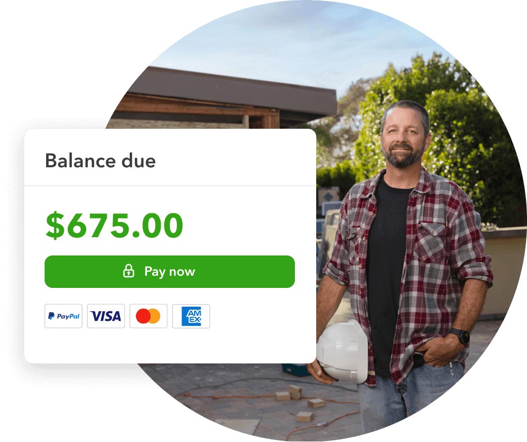 A trades man standing next to a house with QuickBooks displaying balance due for project