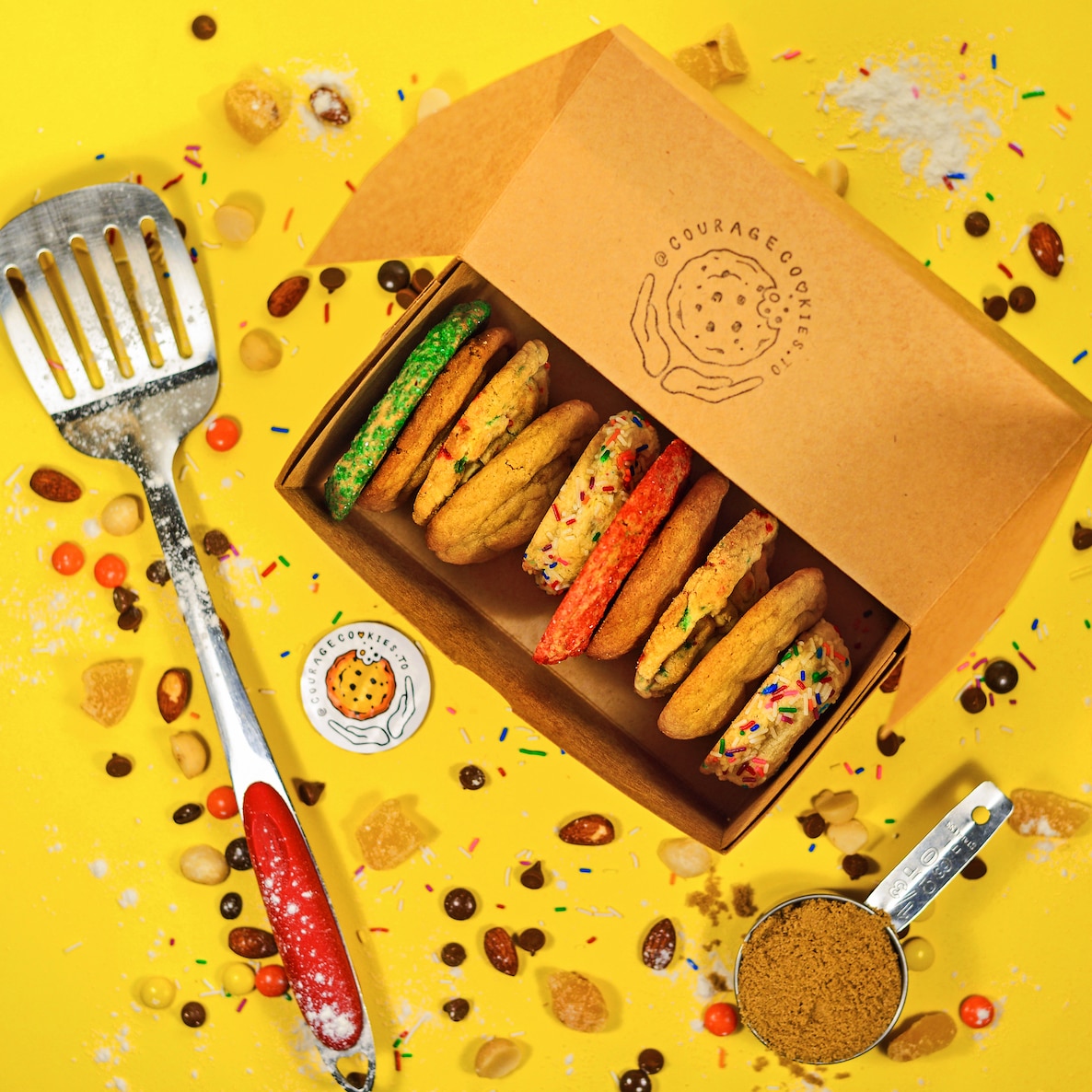A box with a variety of cookies on it.