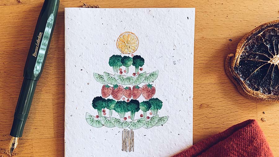 Handcrafted card with painted vegetable Christmas tree by Flowerink