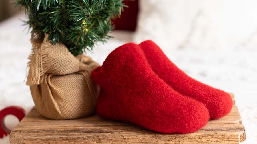 Red plush slippers made by Julie Sinden