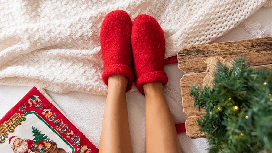 Red plush slippers made by Julie Sinden