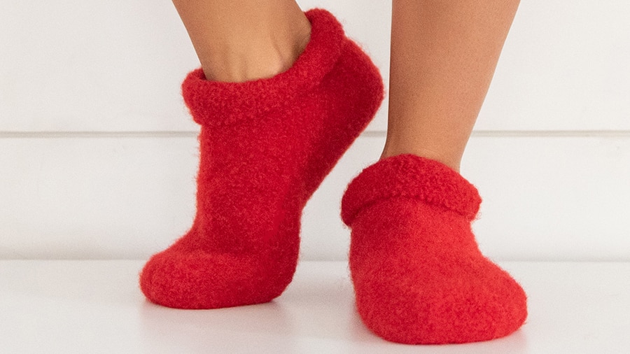 Red plush slippers made by Julie Sinden