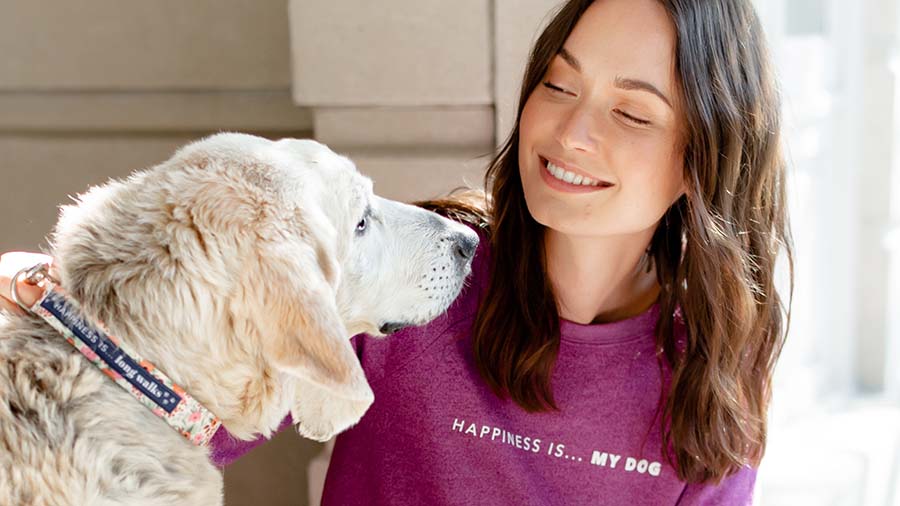 Woman wearing Happiness Is... my dog  sweater