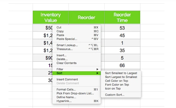 Screenshot of an Excel spreadsheet, showing how to use the "sort" function