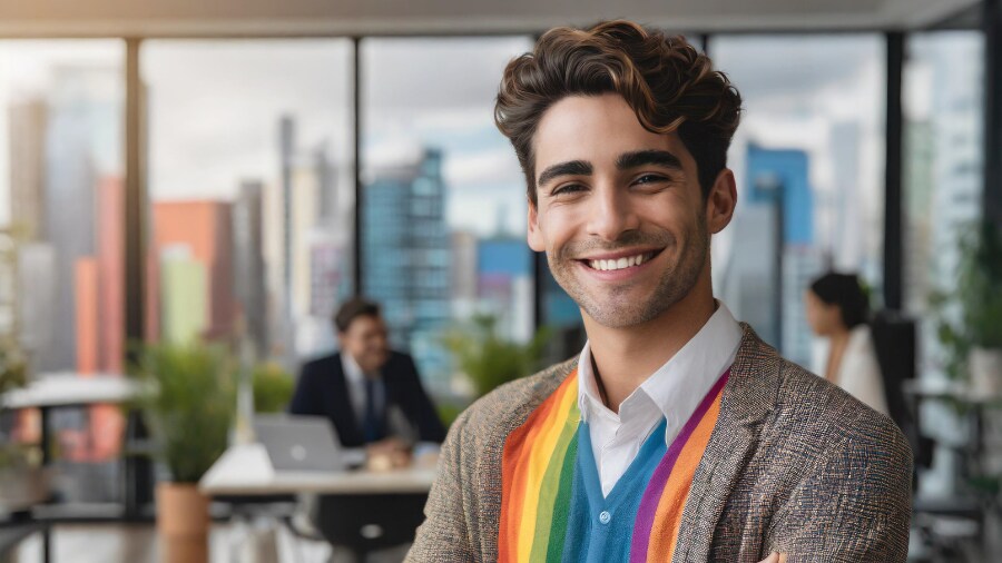 A smiling person wearing a colorful vest smiles.