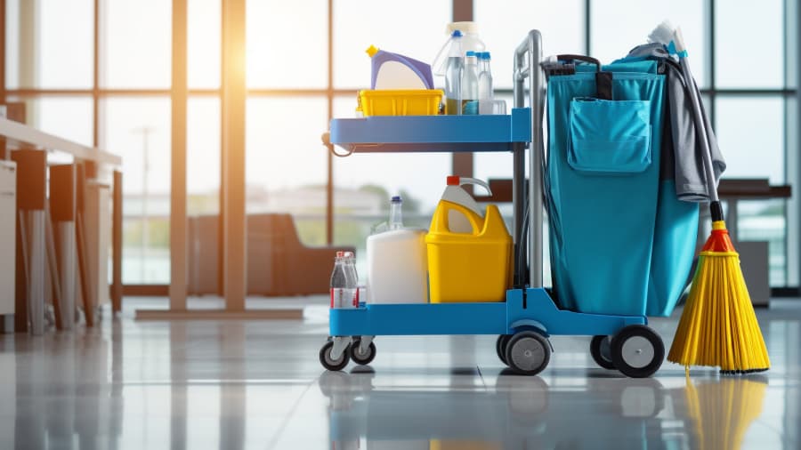 A cart of cleaning tools and supplies in an office.