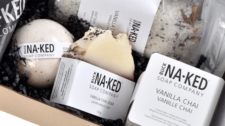 A holiday box collection of vanilla chai products from a soap company.