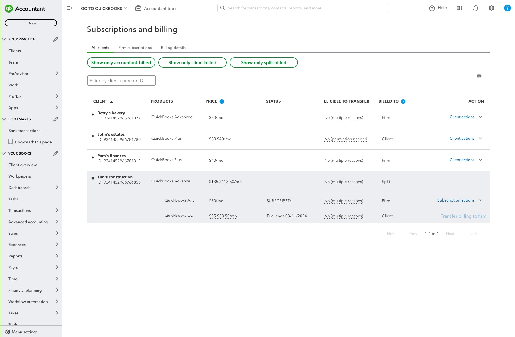 A picture of the QuickBooks subscription and billing  screen