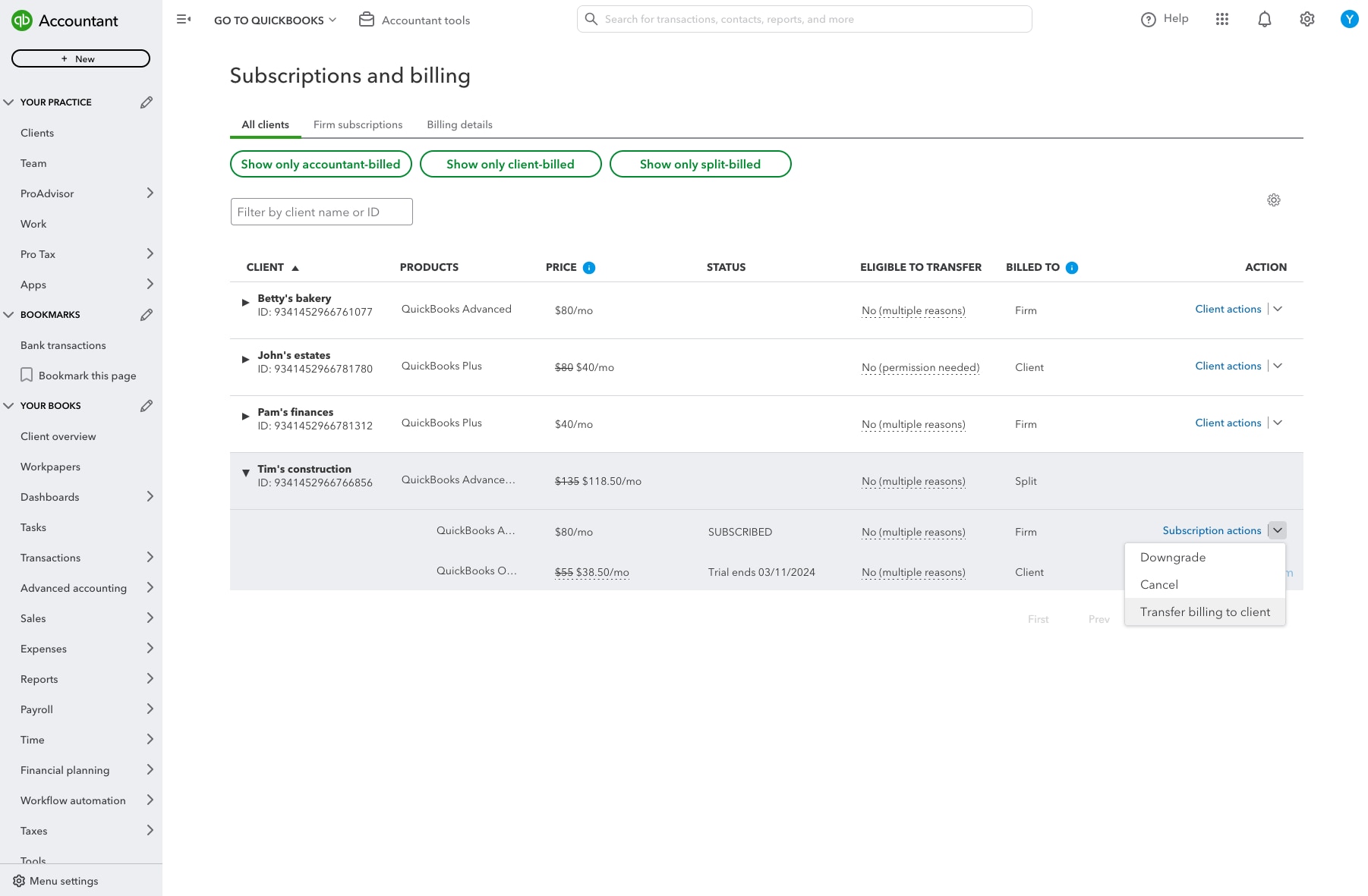 A picture of the QuickBooks subscription and billing  screen