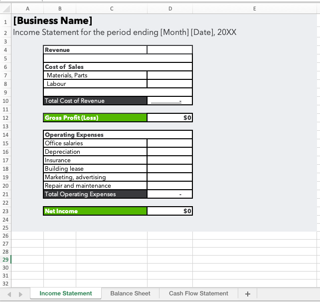 Image of excel file with all three financial report templates