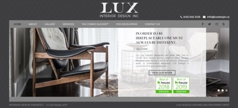 Interior design website with phone number and email address static in top navigation bar