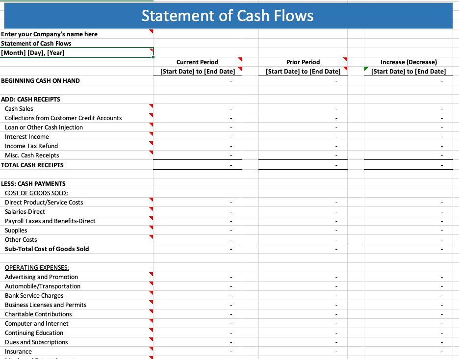 Cash flow statement template