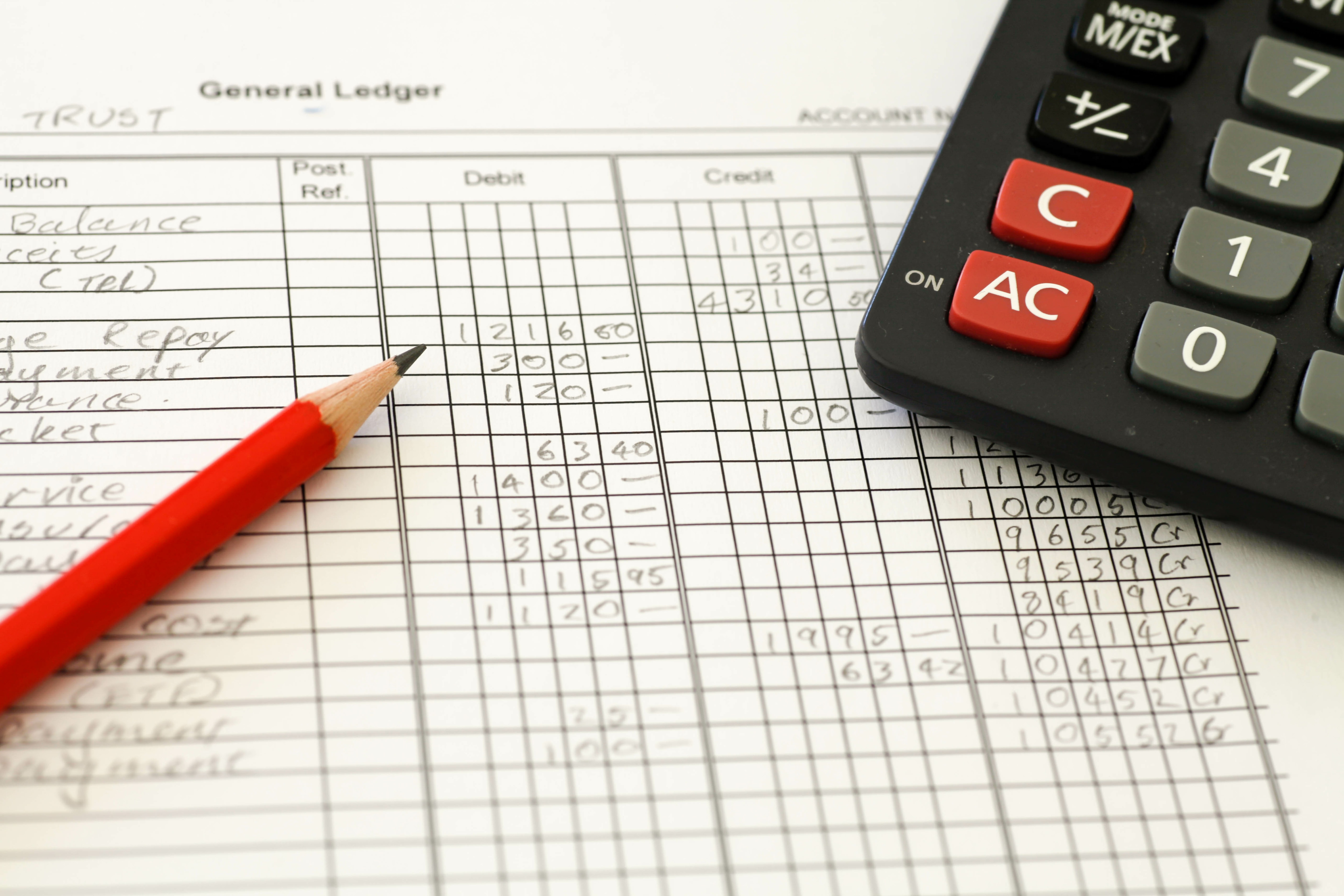 Pencil and calculator on top of general ledger