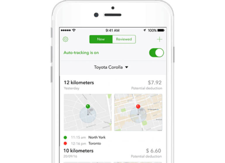 A smartphone shows auto-tracked trips in QuickBooks Online.