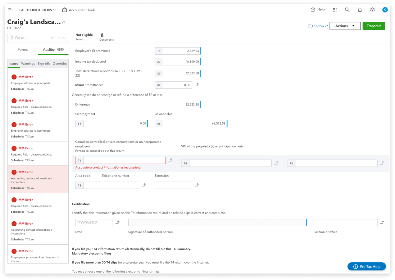 QuickBooks Online Accountant dashboard showing issues flagged by Pro Tax’s built-in Active Auditor.