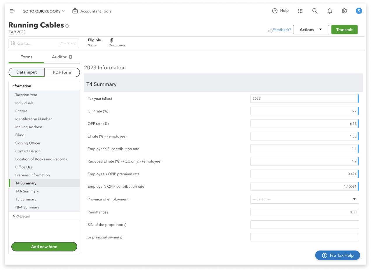 Dashboard in Pro Tax showing T4 summary information.