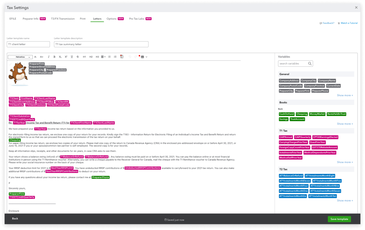 QuickBooks Online Accountant dashboard showing a customized client engagement letter.