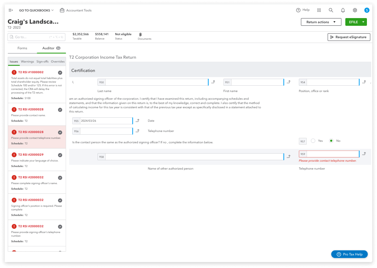 QuickBooks Online Accountant dashboard showing issues flagged by Pro Tax’s built-in Active Auditor.