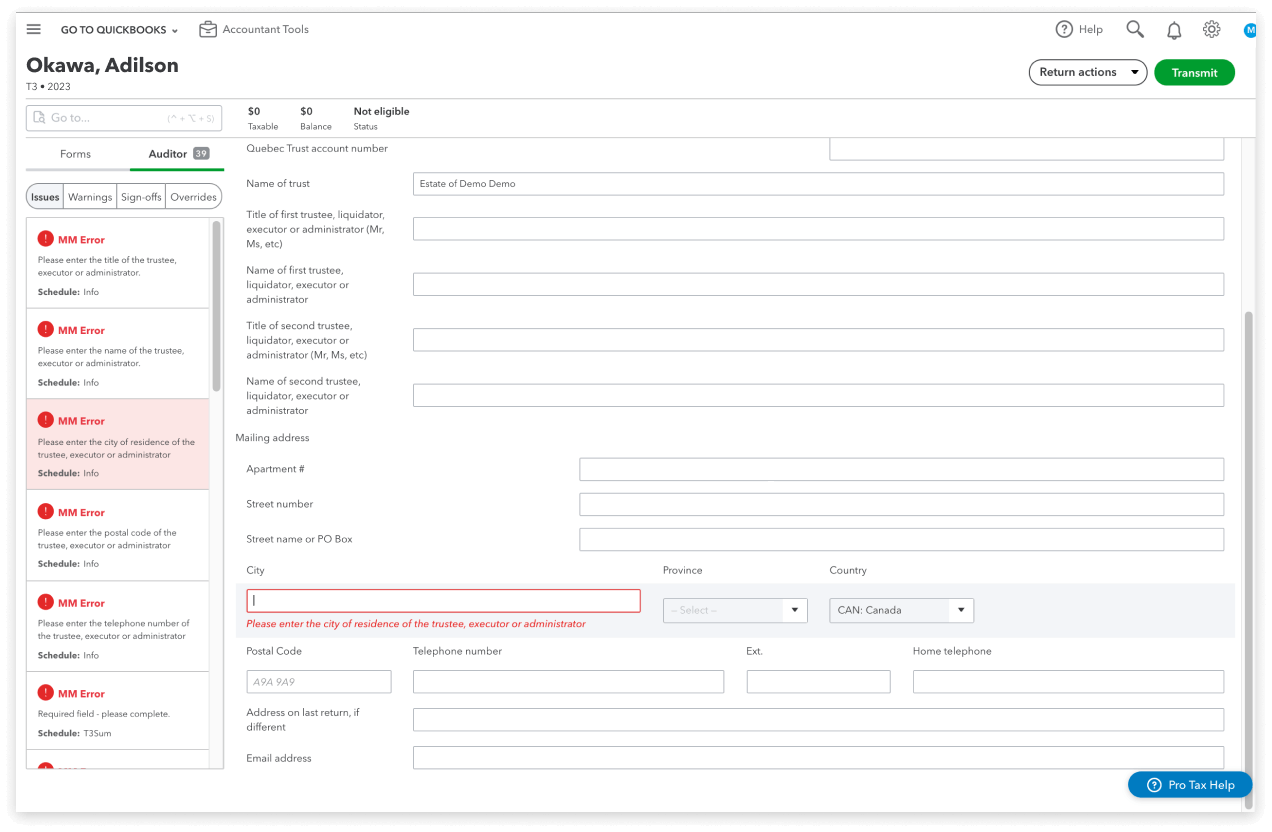 QuickBooks Online Accountant dashboard showing issues flagged by Pro Tax’s built-in Active Auditor.