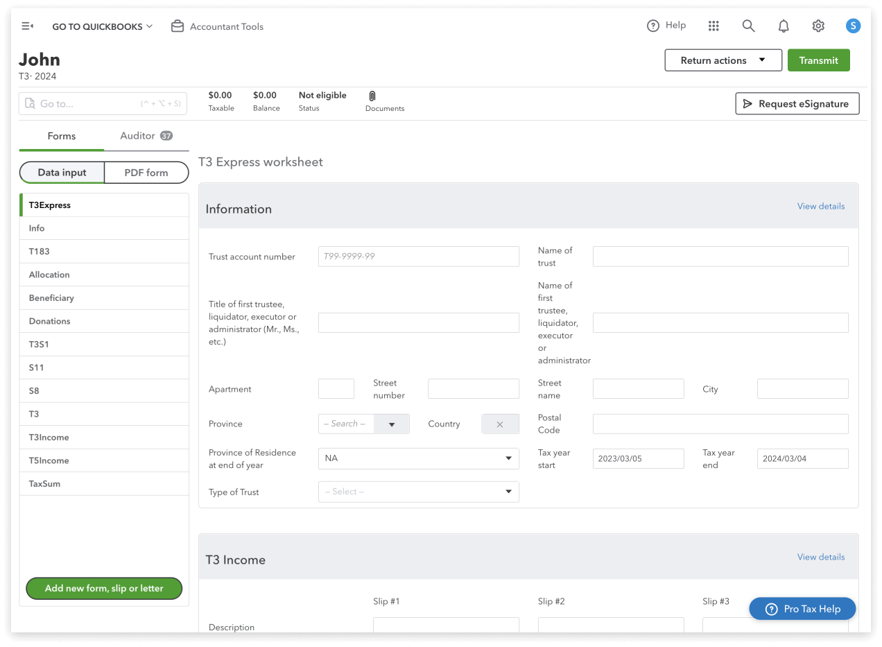 QuickBooks Online Accountant dashboard showing a client’s T3 worksheet.