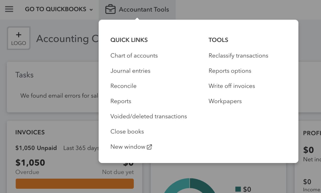 Accountant tools drop down menu, including Quick Links and Tools