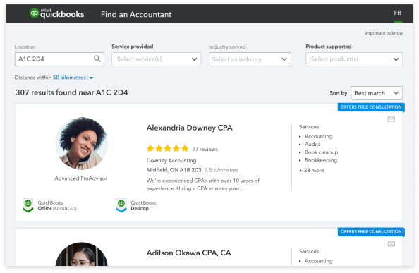 Find an Accountant screen, showing input fields for postal code, services, industry served, and product supported. It is followed by a list of accountants.