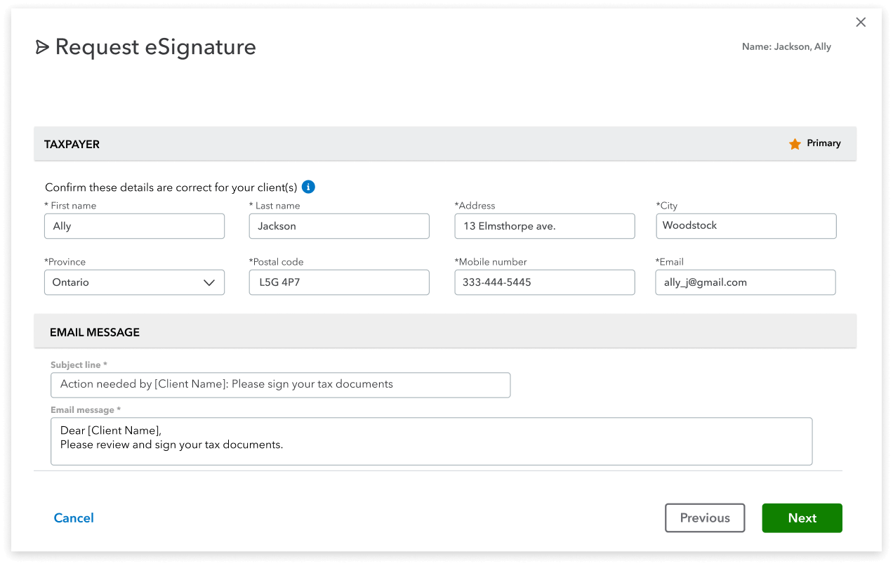 Pro Tax form for requesting eSignature, with sections for Taxpayer information and Email message.