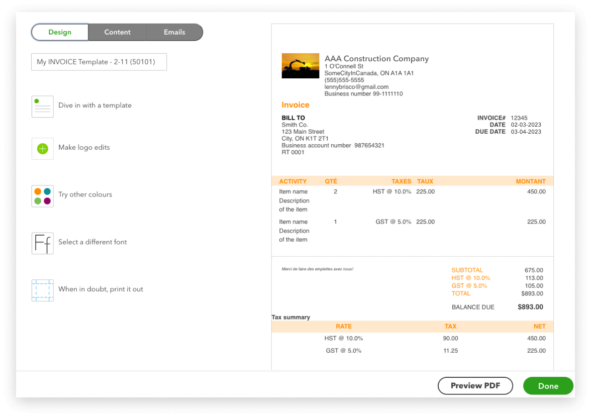 The invoice template setup screen in QuickBooks Online showing AAA Construction Company's customized formatting. 