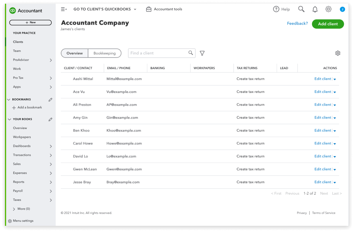 Accountant’s client list in QuickBooks Online Accountant, showing their email, banking, workpapers, tax return, lead and action columns.