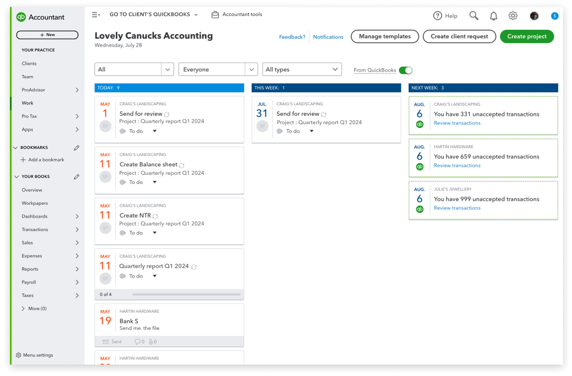 QuickBooks Work screen showing tasks for today, this week, next week and next 30 days