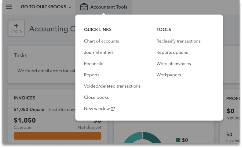 QuickBooks Online Accountant Tools dropdown menu.