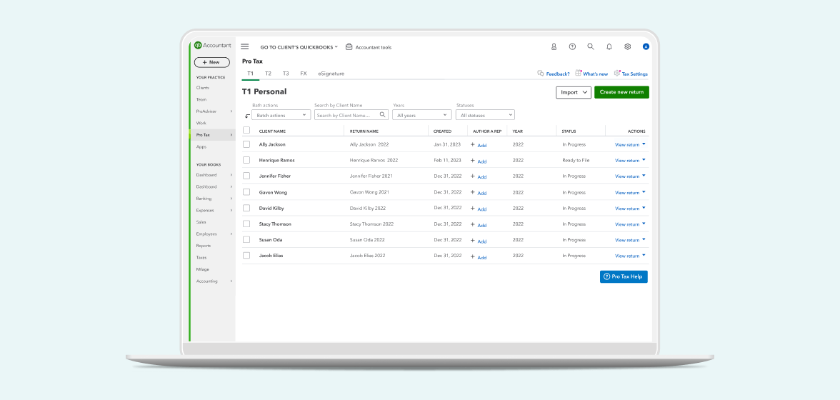 A Pro Tax screen showing list of T1 Personal returns