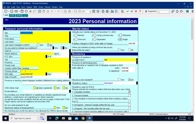 A T1 tax return screen in ProFile