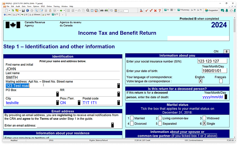 T1 Income tax and benefit return form, with turquoise background. Shows step 1: identification and other information