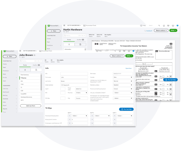 QuickBooks Online Accountant dashboards showing a new customer profile and a T2 return.