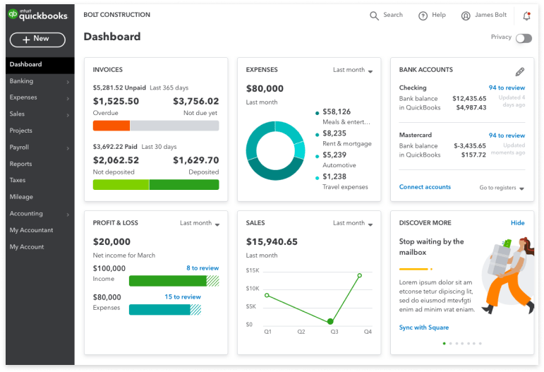 QuickBooks dashboard, with report cards for invoices, expenses, bank accounts, profit & loss, sales and discover more