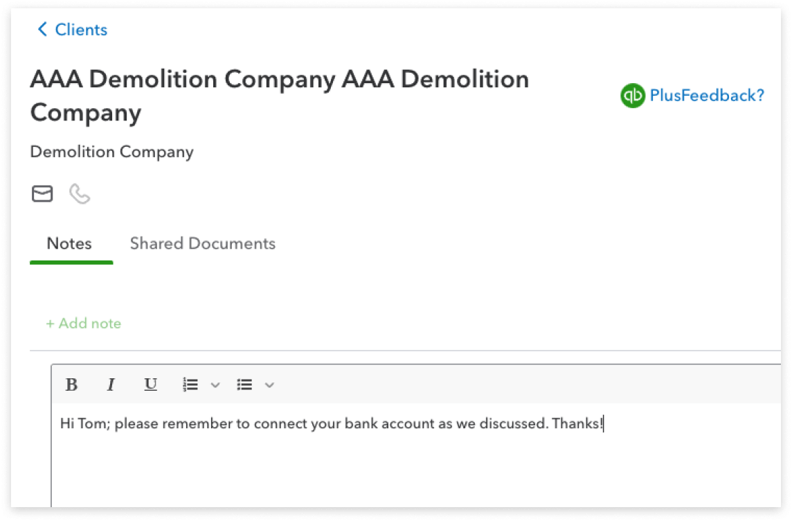 Notes tab selected in QuickBooks Online, with ‘Add note’ button and field for inputting details.