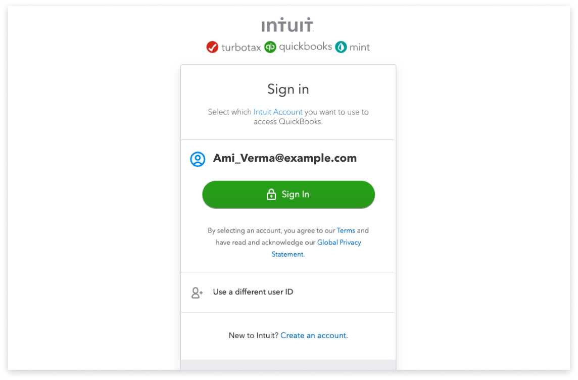 QuickBooks Online sign in screen with user email filled in, followed by a sign in button