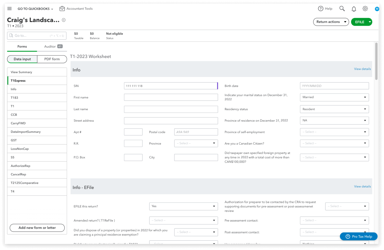 QuickBooks Online Accountant dashboard showing a client’s T1 worksheet.