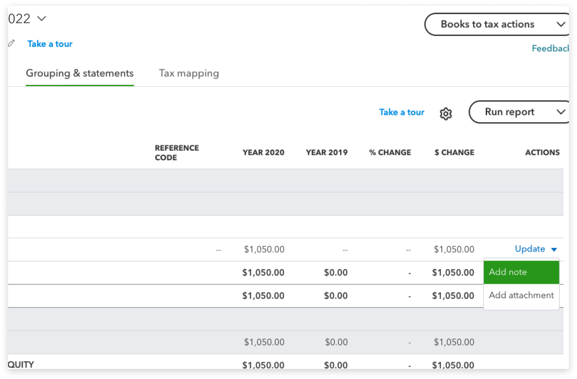 Grouping and statements tab selected, with the update drop down open and the ‘Add note’ option highlighted