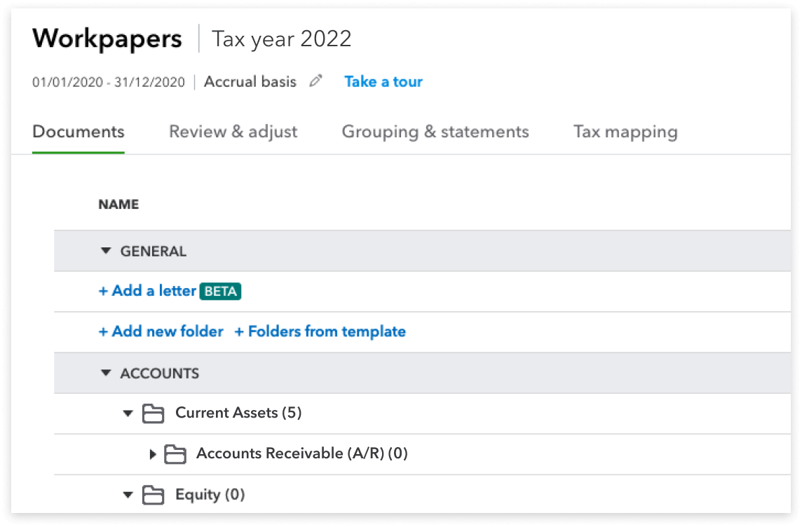 Workpapers screen with the Documents tab active, and an accordion below displaying General and Accounts