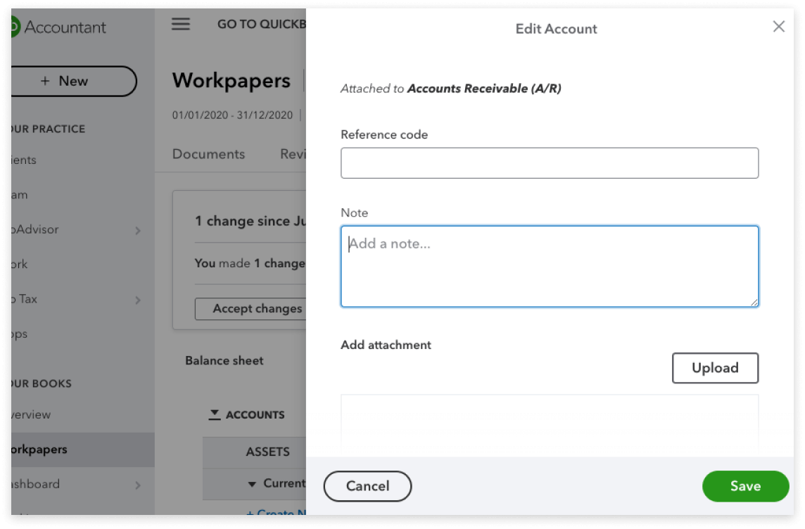Edit account modal window showing fields for reference code, notes, and attachments for Accounts Receivable.