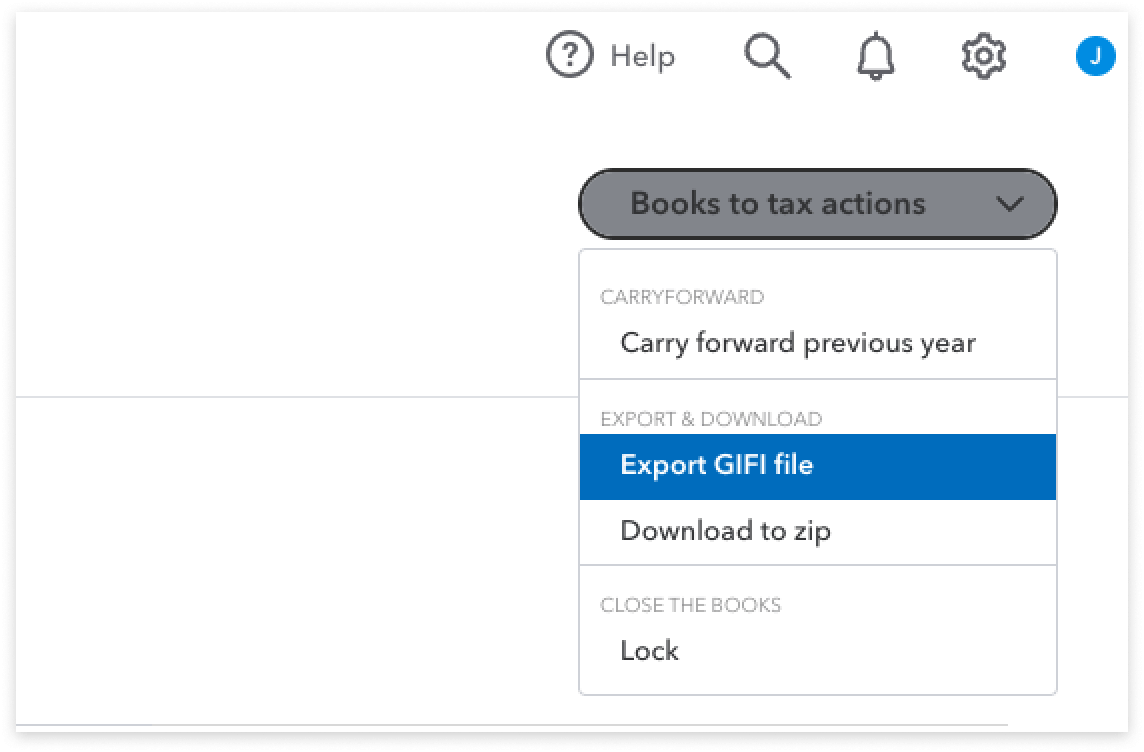 The ‘Books to tax actions’ button drop down open and ‘Export GIFI file’ option highlighted